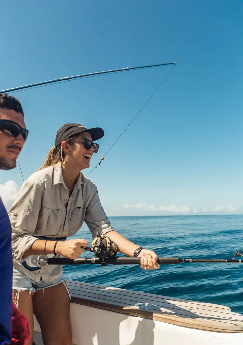 Guests sport fishing from a boat in the Galápagos