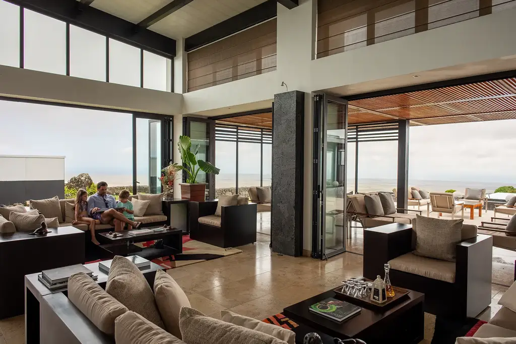 Lounge at Pikaia Lodge overlooking the Galápagos landscape