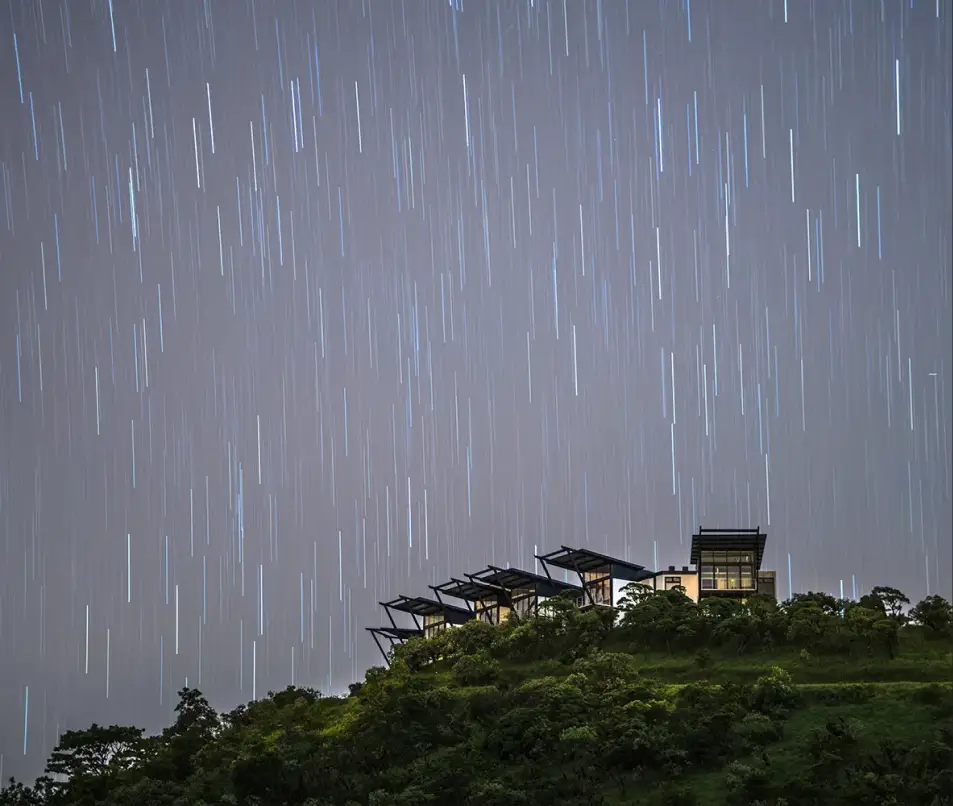 Star trails over Pikaia Lodge at night