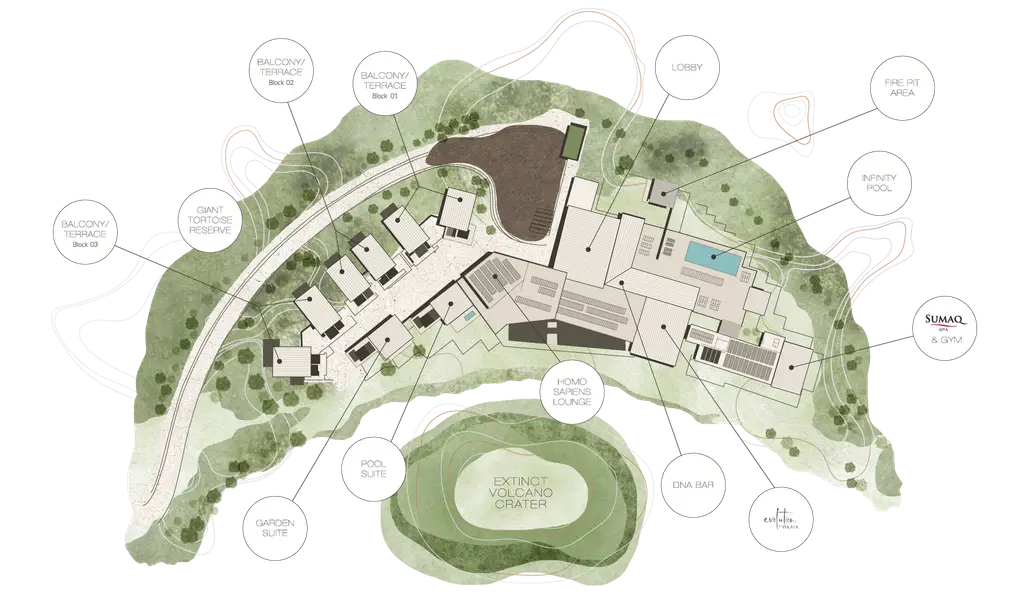 Illustrated site map of Pikaia Lodge on the volcano crater rim