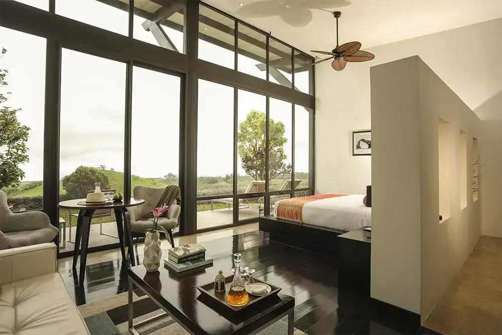 Guest room with floor-to-ceiling windows at Pikaia Lodge