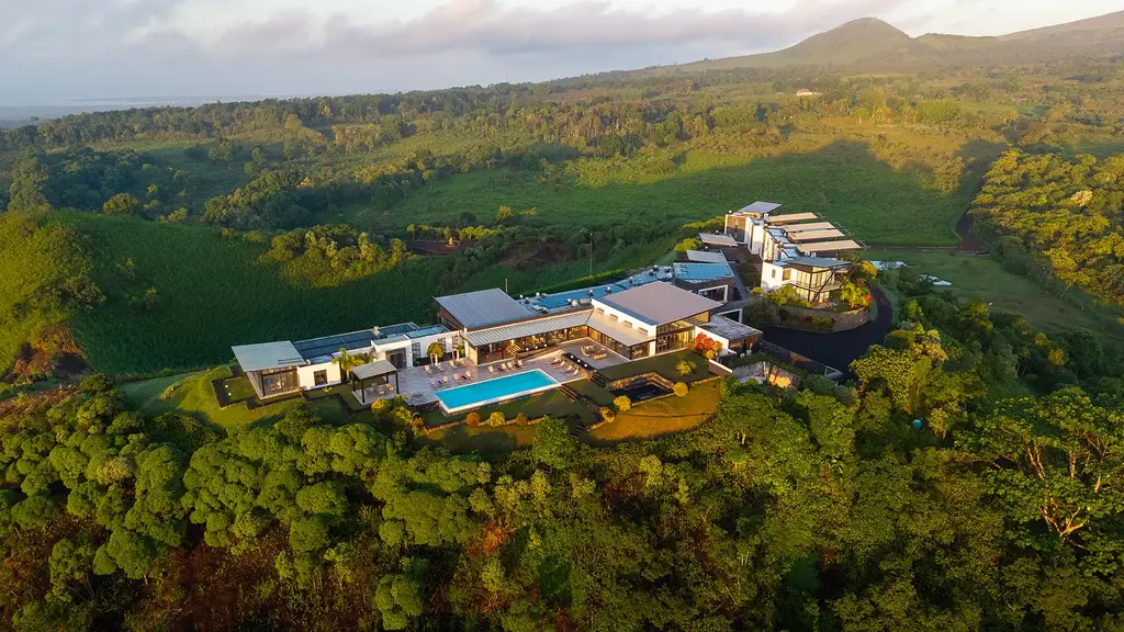Aerial view of Pikaia Lodge at sunset