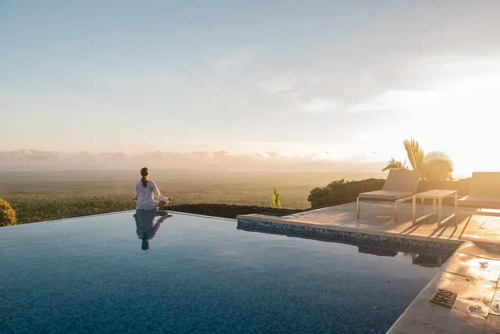 Guest sitting at the infinity pool at dusk overlooking the Galápagos canopy
